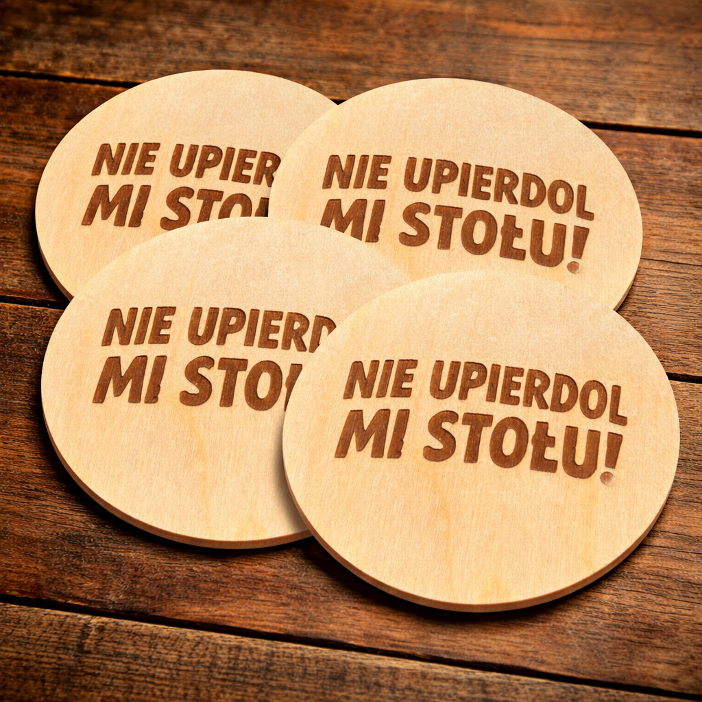 Podkładki pod kubek drewniane Nie upierdol mi stołu śmieszny prezent 4szt - obrazek 2