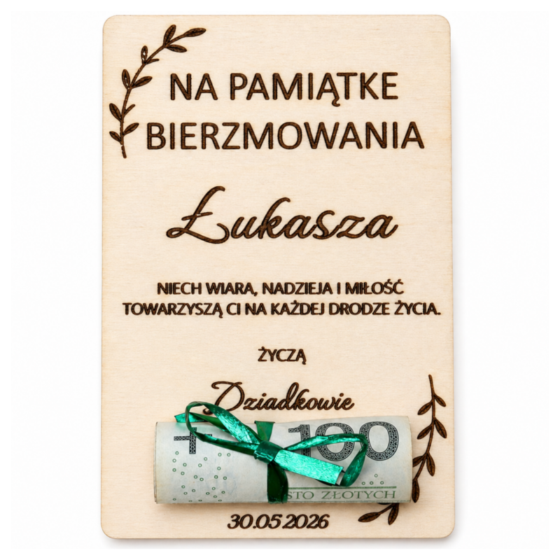 Pamiątka Prezent Na Bierzmowanie Drewniana Kartka Z Grawerem