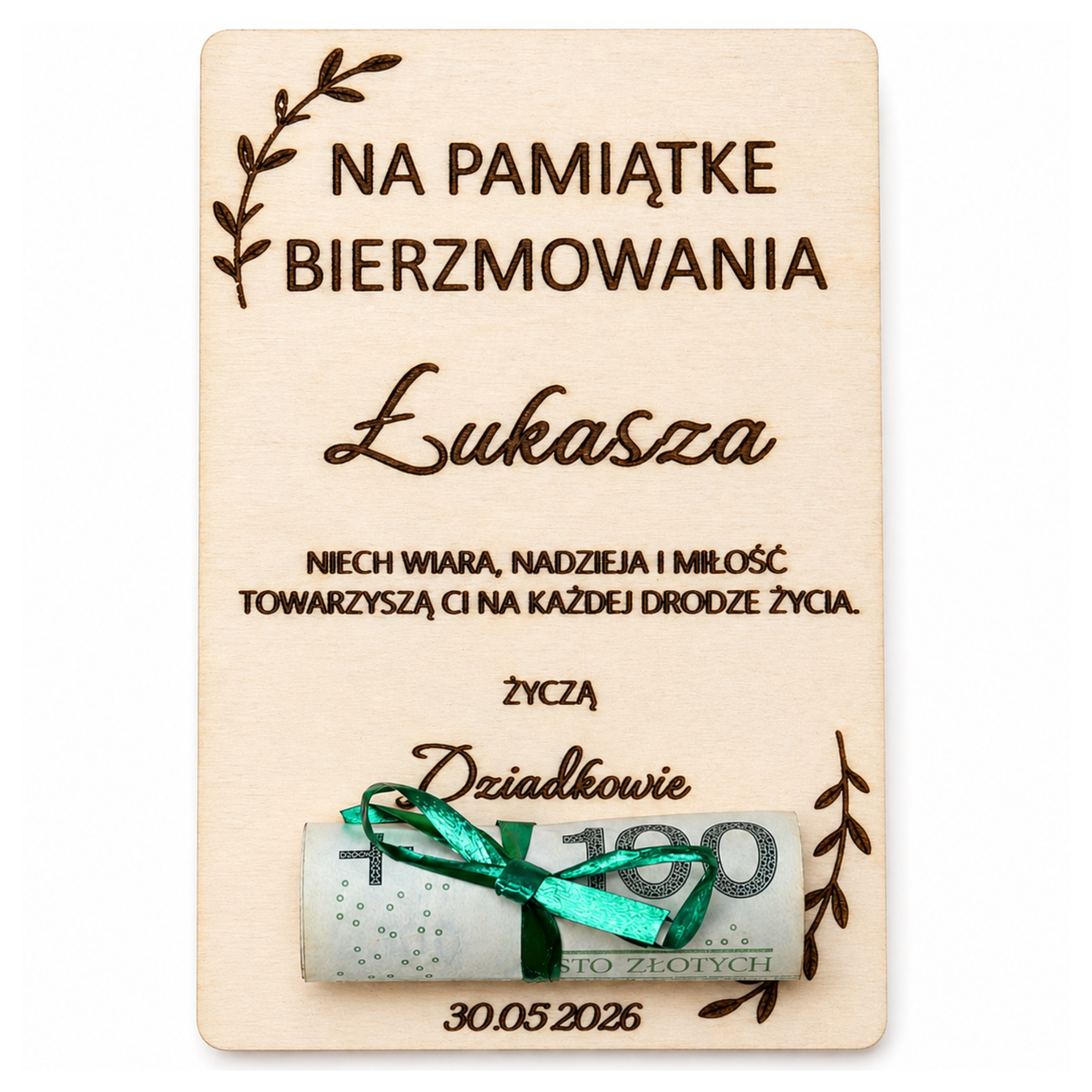 Pamiątka Prezent Na Bierzmowanie Drewniana Kartka Z Grawerem